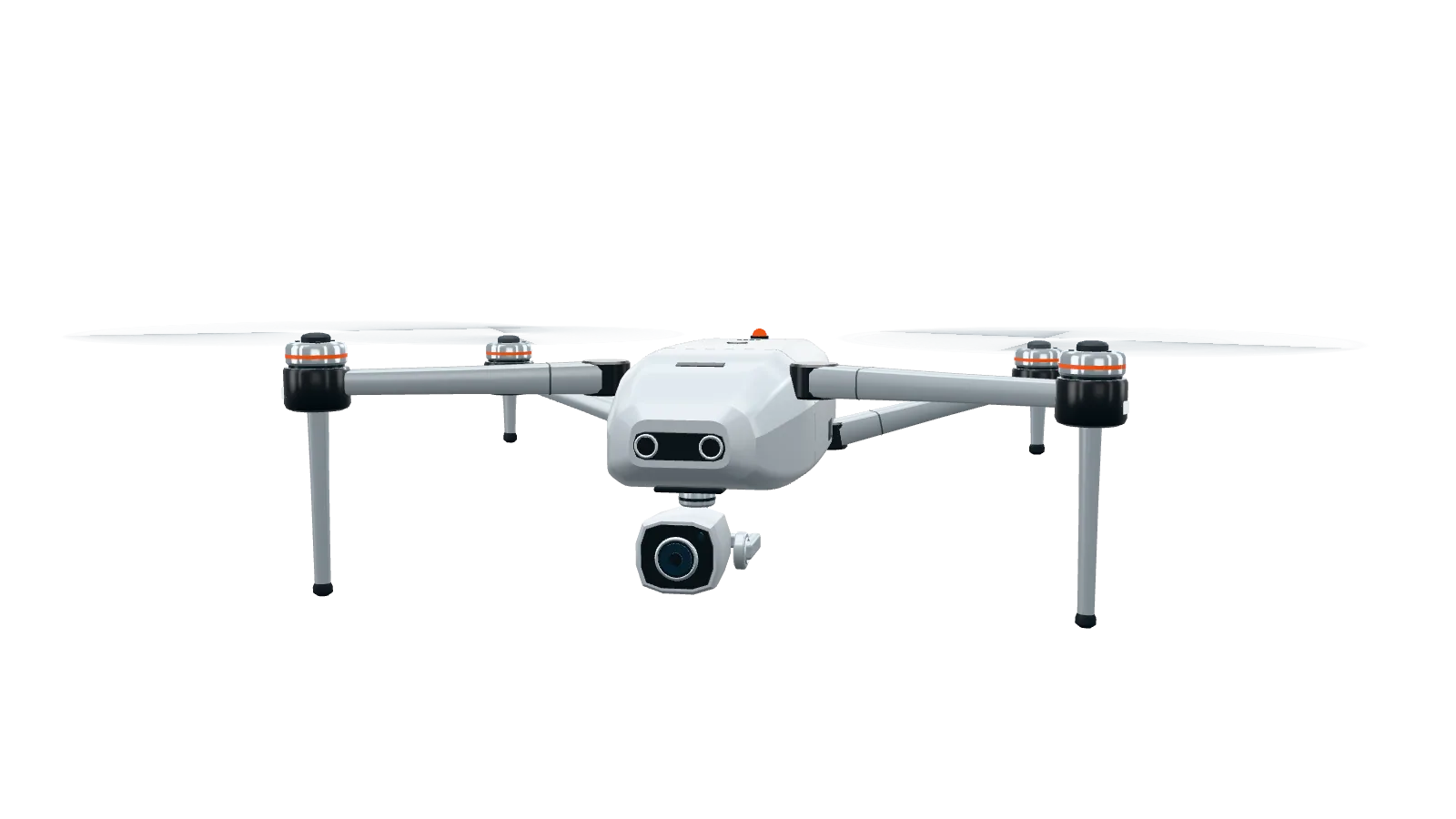 Drone de volta ao centro, pairando levemente de lado, pronto para o próximo voo.