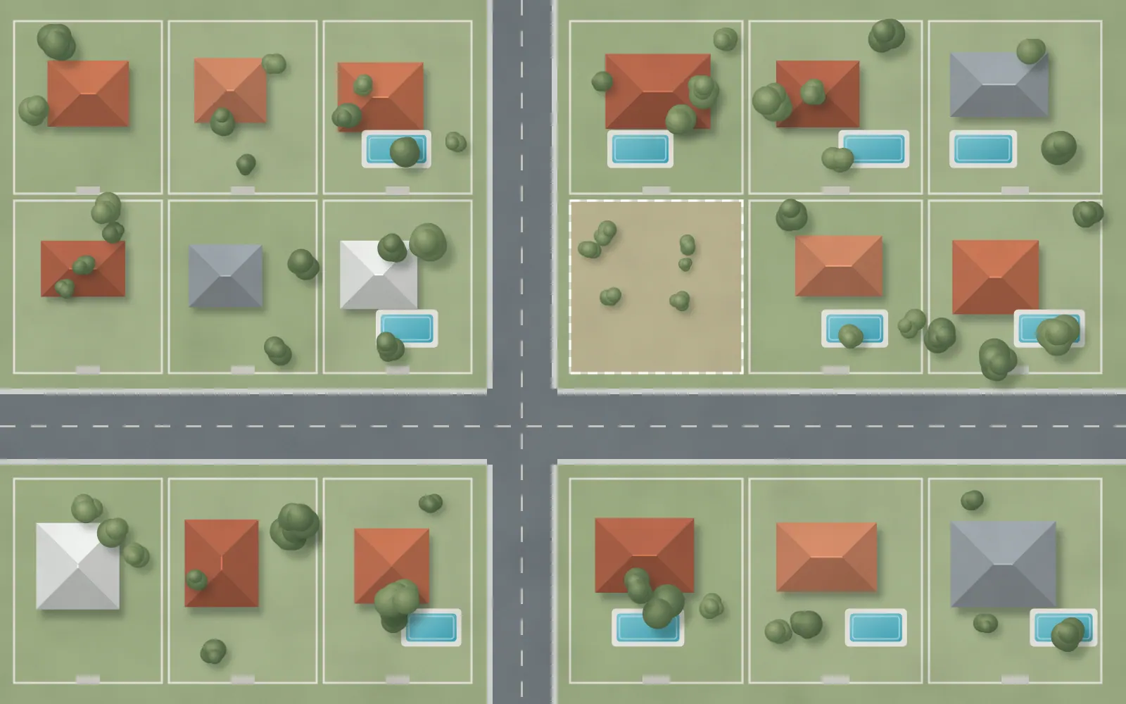 Ilustração de vista aérea de um bairro residencial com casas, piscinas e um lote destacado.