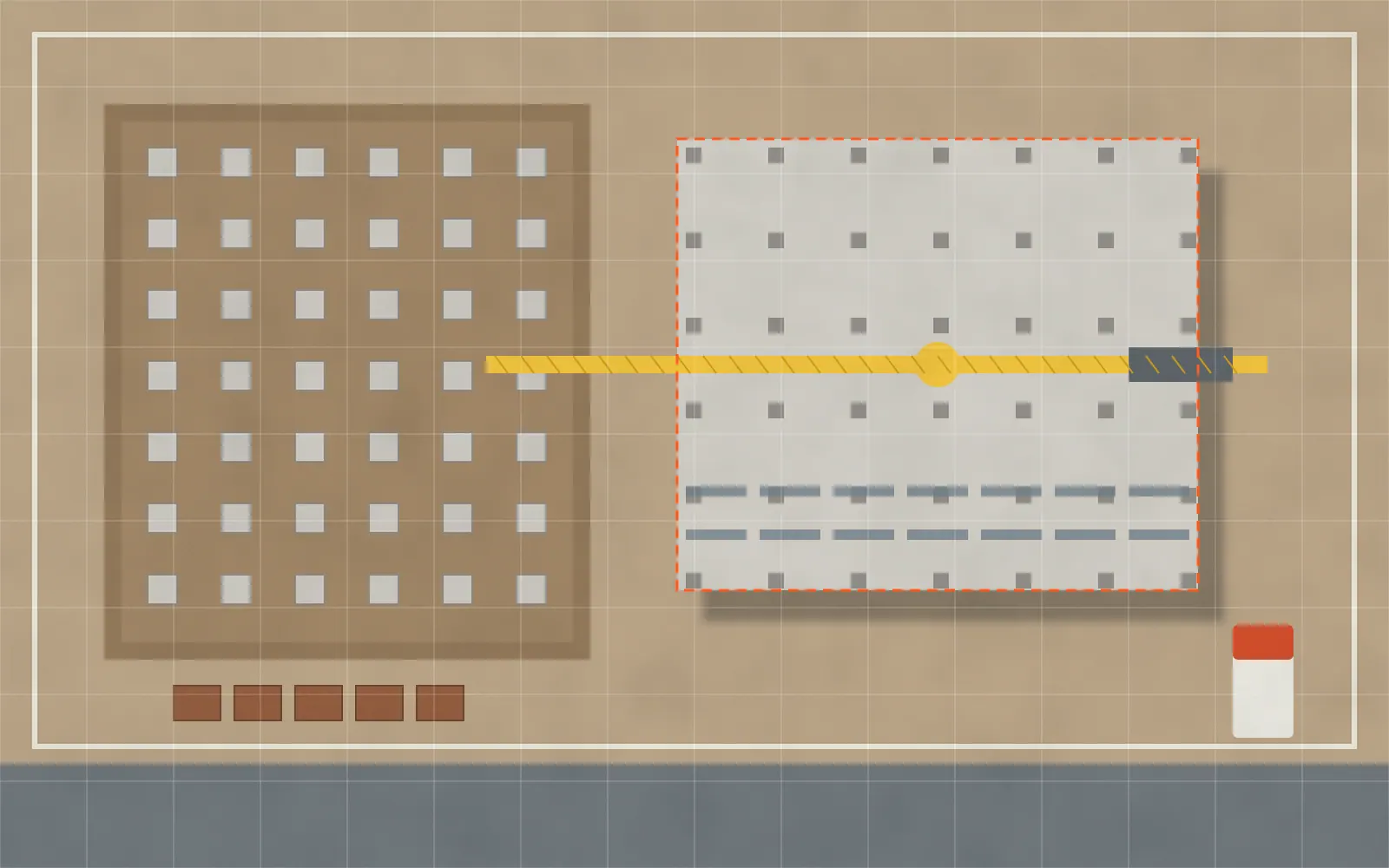 Ilustração de vista aérea de um canteiro de obras com fundações, estrutura e grade de mapeamento sobreposta.